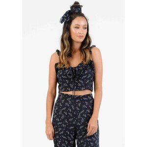 Lucca Couture Crop Top Ruffle Strap Navy Floral Print Blouse Boho SZ M NWT